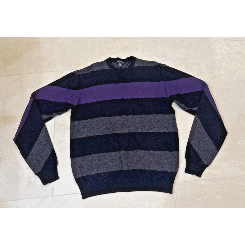 VTG Nautica Sweater Woman Sz L Wool Cashmere Black Purple Gray Striped Career